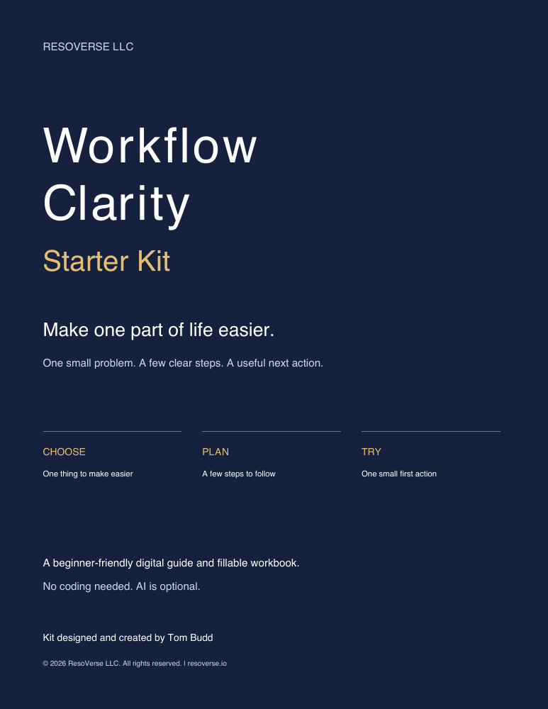 Workflow Clarity Starter Kit cover: Make one part of life easier. ResoVerse LLC. Designed and created by Tom Budd.